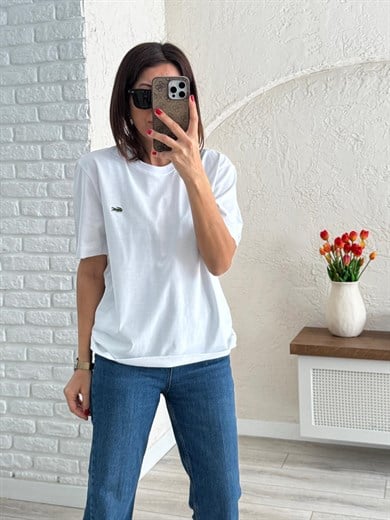 Bisiklet Yaka Nakışlı Pamuklu Tişört Beyaz
