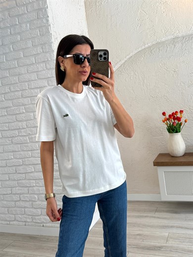 Bisiklet Yaka Nakışlı Pamuklu Tişört Ekru