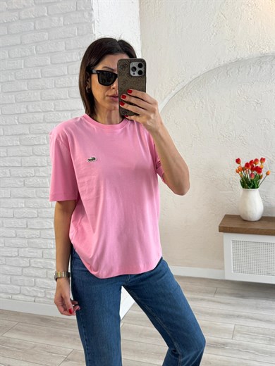 Bisiklet Yaka Nakışlı Pamuklu Tişört Pembe