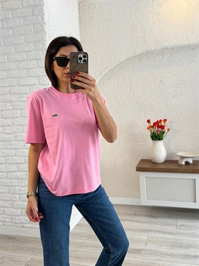 Bisiklet Yaka Nakışlı Pamuklu Tişört Pembe