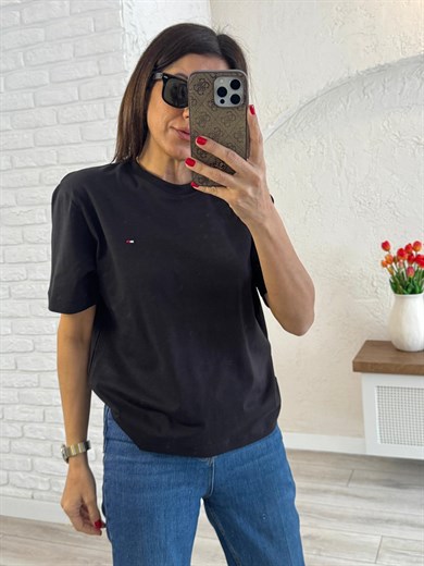 Bisiklet Yaka Nakışlı Pamuklu Tişört Tom Siyah 