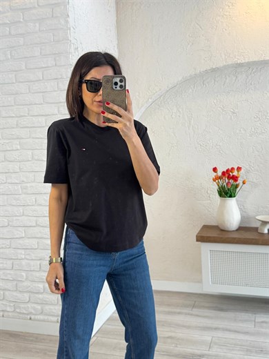 Bisiklet Yaka Nakışlı Pamuklu Tişört Tom Siyah 