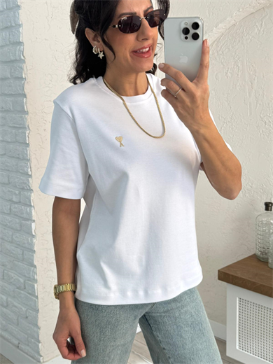 Bisiklet yaka Ön amblemli tshirt  Beyaz