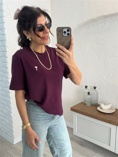 Bisiklet yaka Ön amblemli tshirt Bordo