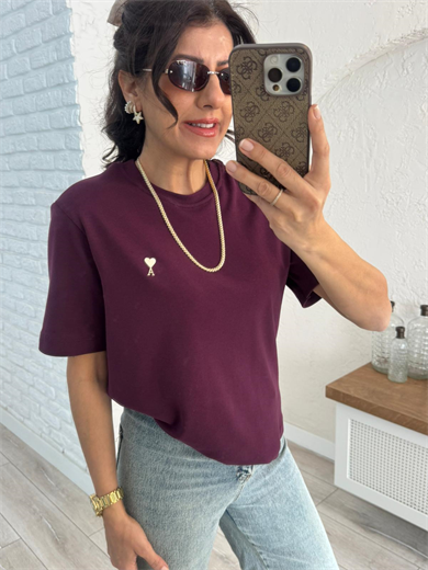 Bisiklet yaka Ön amblemli tshirt Bordo