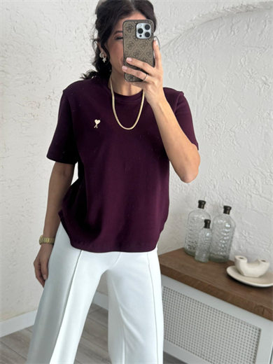 Bisiklet yaka Ön amblemli tshirt Bordo