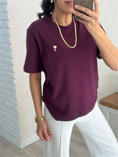 Bisiklet yaka Ön amblemli tshirt Bordo
