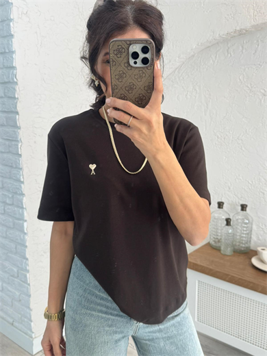 Bisiklet yaka Ön amblemli tshirt Kahve