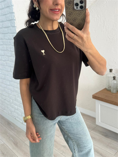 Bisiklet yaka Ön amblemli tshirt Kahve