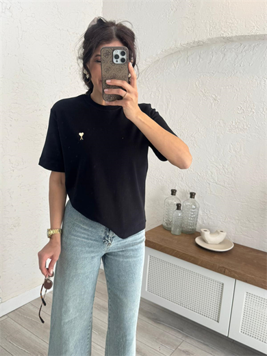 Bisiklet yaka Ön amblemli tshirt Siyah