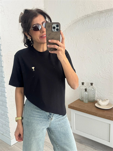 Bisiklet yaka Ön amblemli tshirt Siyah