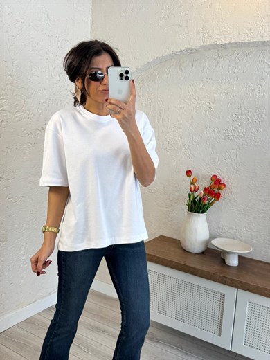 Bisiklet Yaka Pamuklu Tok Kumaş Tshirt Beyaz