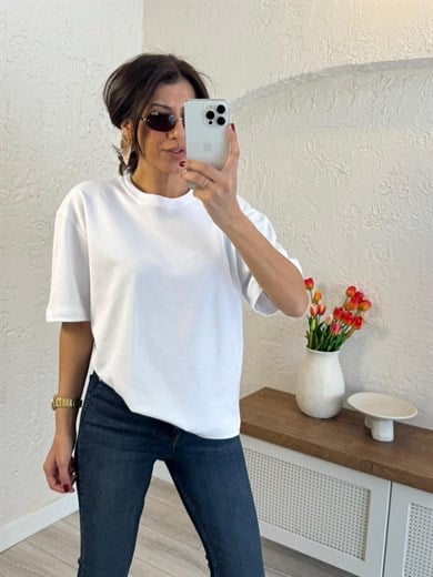 Bisiklet Yaka Pamuklu Tok Kumaş Tshirt Beyaz