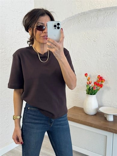 Bisiklet Yaka Pamuklu Tok Kumaş Tshirt Kahve