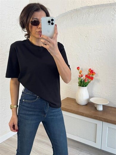 Bisiklet Yaka Pamuklu Tok Kumaş Tshirt Siyah