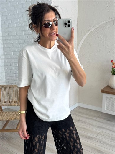 Bisiklet Yaka Pamuklu Tok Kumaş Tshirt Ekru