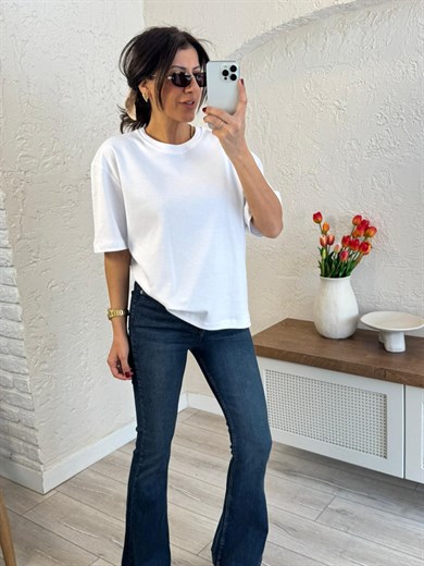 Bisiklet Yaka Pamuklu Tok Kumaş Tshirt Beyaz