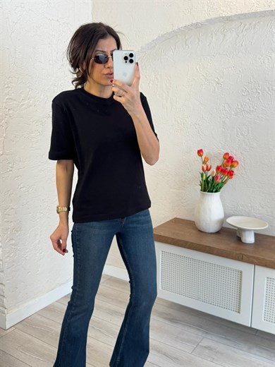 Bisiklet Yaka Pamuklu Tok Kumaş Tshirt Siyah