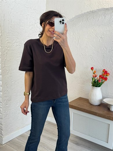 Bisiklet Yaka Pamuklu Tok Kumaş Tshirt Kahve