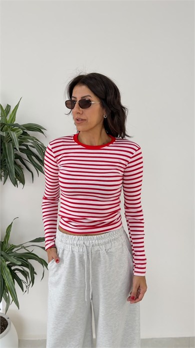Bisiklet Yaka Parmak Geçmeli Kırmızı Çizgili Badi