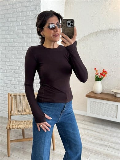 Bisiklet Yaka Parmak Geçmeli Modal Kumaş Uzun Kol Badi Kahve