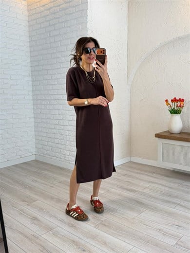 Bisiklet Yaka Pike Kısa Kol Elbise Kahve 