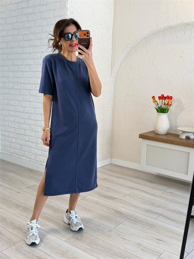 Bisiklet Yaka Pike Kısa Kol Elbise Lacivert 