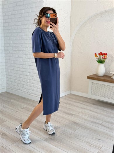 Bisiklet Yaka Pike Kısa Kol Elbise Lacivert 