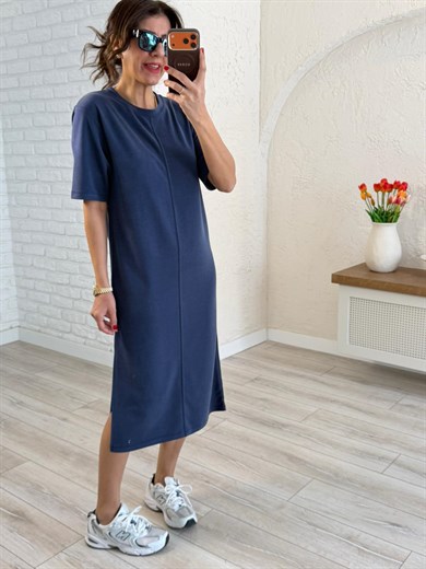 Bisiklet Yaka Pike Kısa Kol Elbise Lacivert 