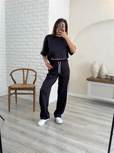 Bisiklet Yaka Şeritli Leopar Desenli Takım Antrasit