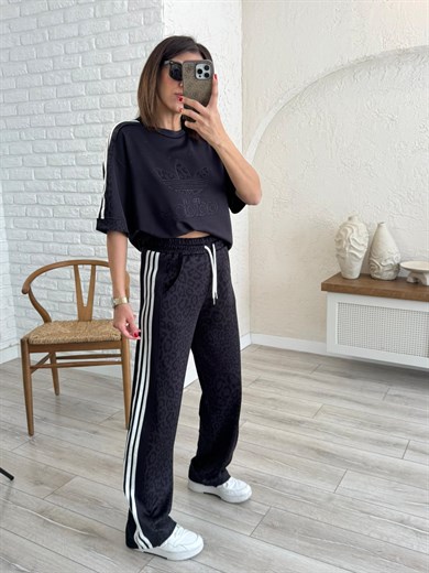 Bisiklet Yaka Şeritli Leopar Desenli Takım Antrasit