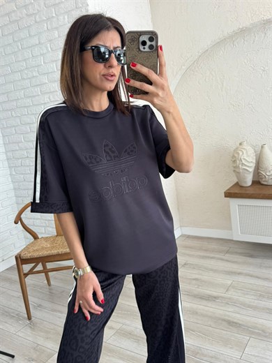 Bisiklet Yaka Şeritli Leopar Desenli Takım Antrasit