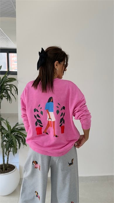 Bisiklet Yaka Sırt Ve Kol Baskı Philippa Coules Eskitme Sweat Pembe