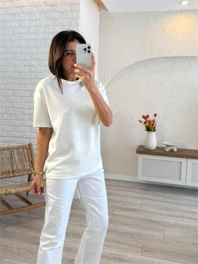 Bisiklet Yaka Taşlı Tişört Ekru