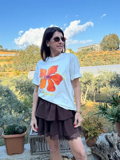 Bisiklet Yaka Tropical Çiçek Baskı Oversıze Tişört Ekru