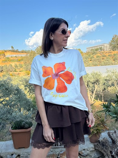 Bisiklet Yaka Tropical Çiçek Baskı Oversıze Tişört Ekru