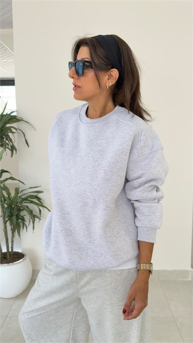 Bisiklet Yaka Üç İplik İç Şardonlu Oversıze Sweat Gri