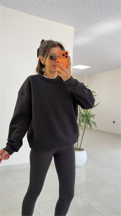 Bisiklet Yaka Üç İplik İç Şardonlu Oversıze Sweat Siyah