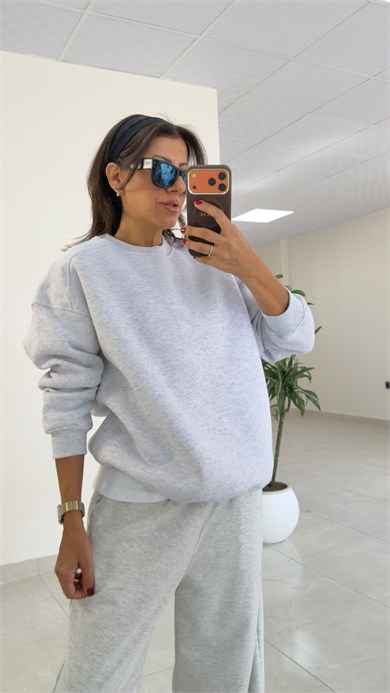 Bisiklet Yaka Üç İplik İç Şardonlu Oversıze Sweat Gri