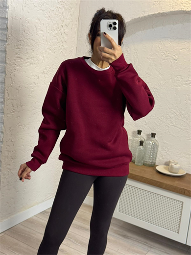 Bisiklet Yaka Üç İplik Şardonlu Sweat Bordo