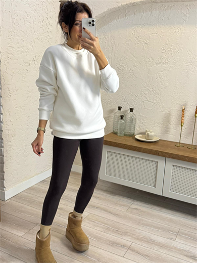 Bisiklet Yaka Üç İplik Şardonlu Sweat Ekru