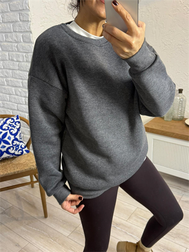 Bisiklet Yaka Üç İplik Şardonlu Sweat Koyu Gri