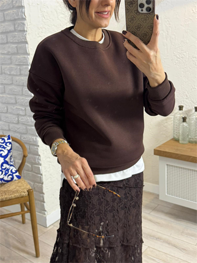 Bisiklet Yaka Üç İplik Şardonlu Sweat  Kahve