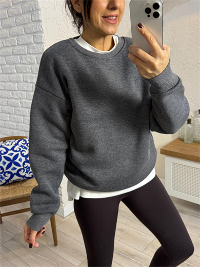 Bisiklet Yaka Üç İplik Şardonlu Sweat Koyu Gri