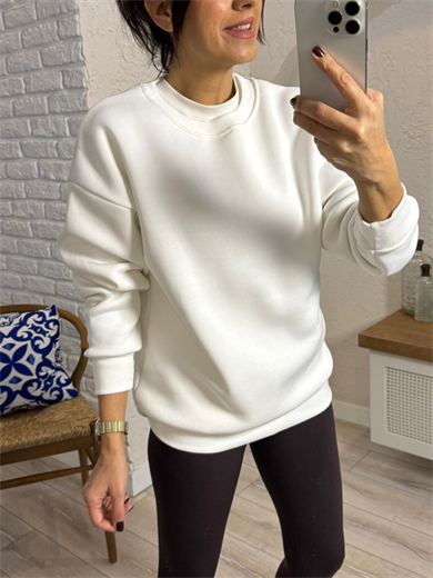 Bisiklet Yaka Üç İplik Şardonlu Sweat Ekru