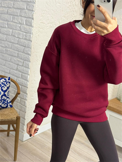 Bisiklet Yaka Üç İplik Şardonlu Sweat Bordo