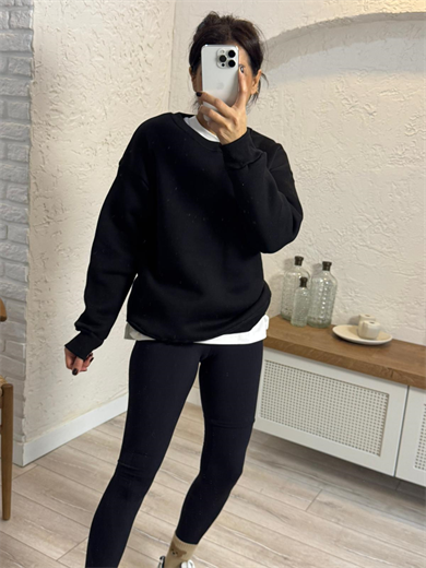 Bisiklet Yaka Üç İplik Şardonlu Sweat Siyah