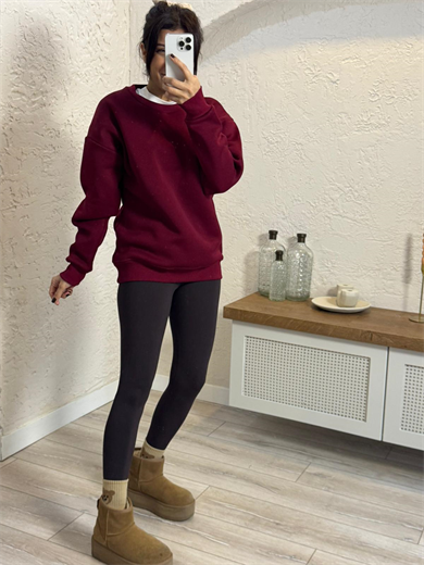Bisiklet Yaka Üç İplik Şardonlu Sweat Bordo