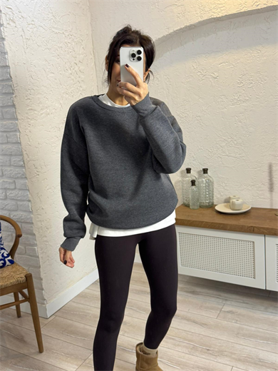 Bisiklet Yaka Üç İplik Şardonlu Sweat Koyu Gri