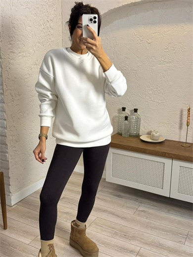 Bisiklet Yaka Üç İplik Şardonlu Sweat Ekru